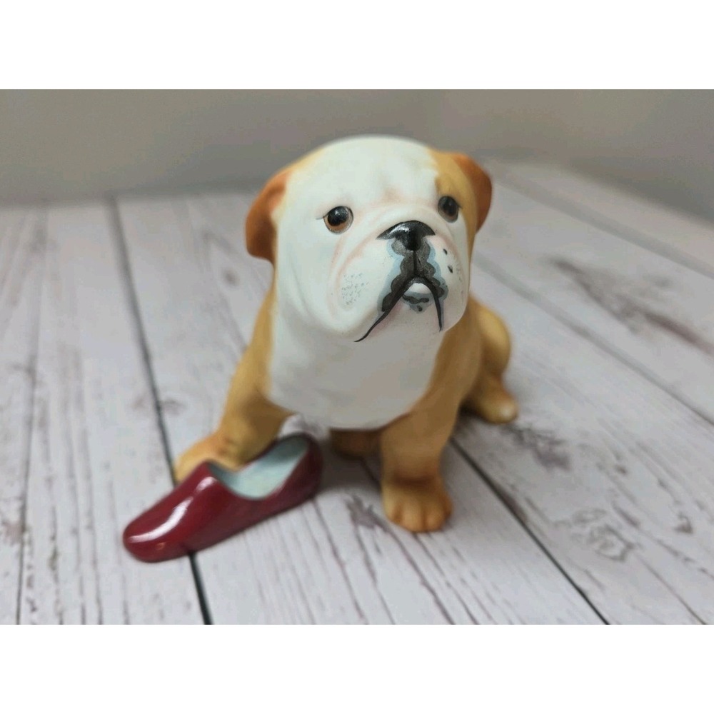 1987 Franklin Mint Beautiful Tan Bulldog With Red Shoe Porcelain Figurine Marine